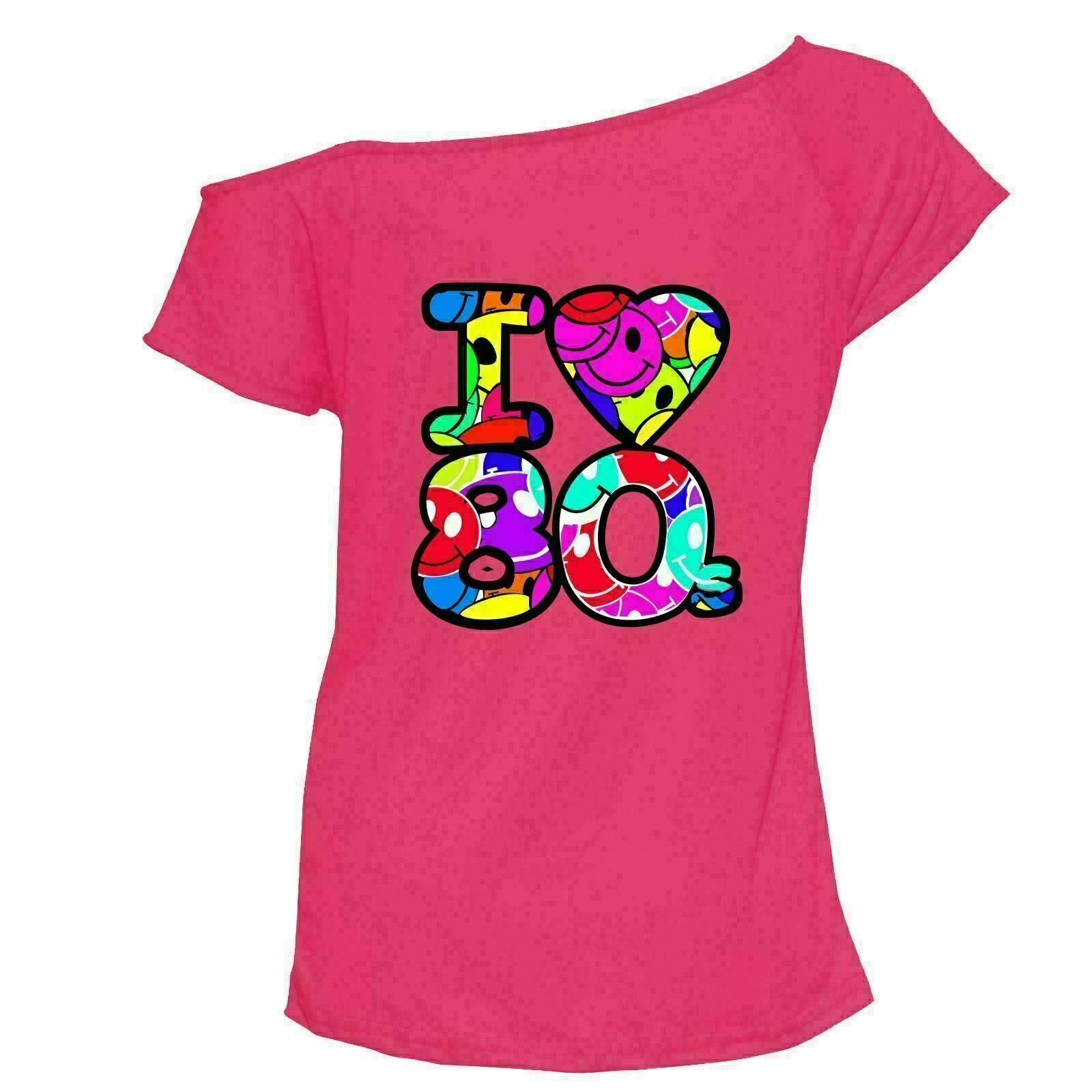 REAL LIFE FASHION LTD Ladies Smile Face I Love 80s Basic Tee Cap Sleeve Shirt Womens 1980s Night Out Party Wear Off Shoulder T-Shirt Top (Smile Faces Pink UK 8-10)