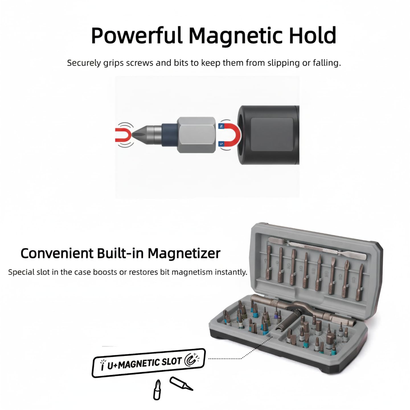 Set di cacciaviti magnetici a cricchetto con impugnatura a T, cacciavite a cricchetto multi-bit per elettronica, mobili, computer, biciclette e riparazioni fai da te (grigio)