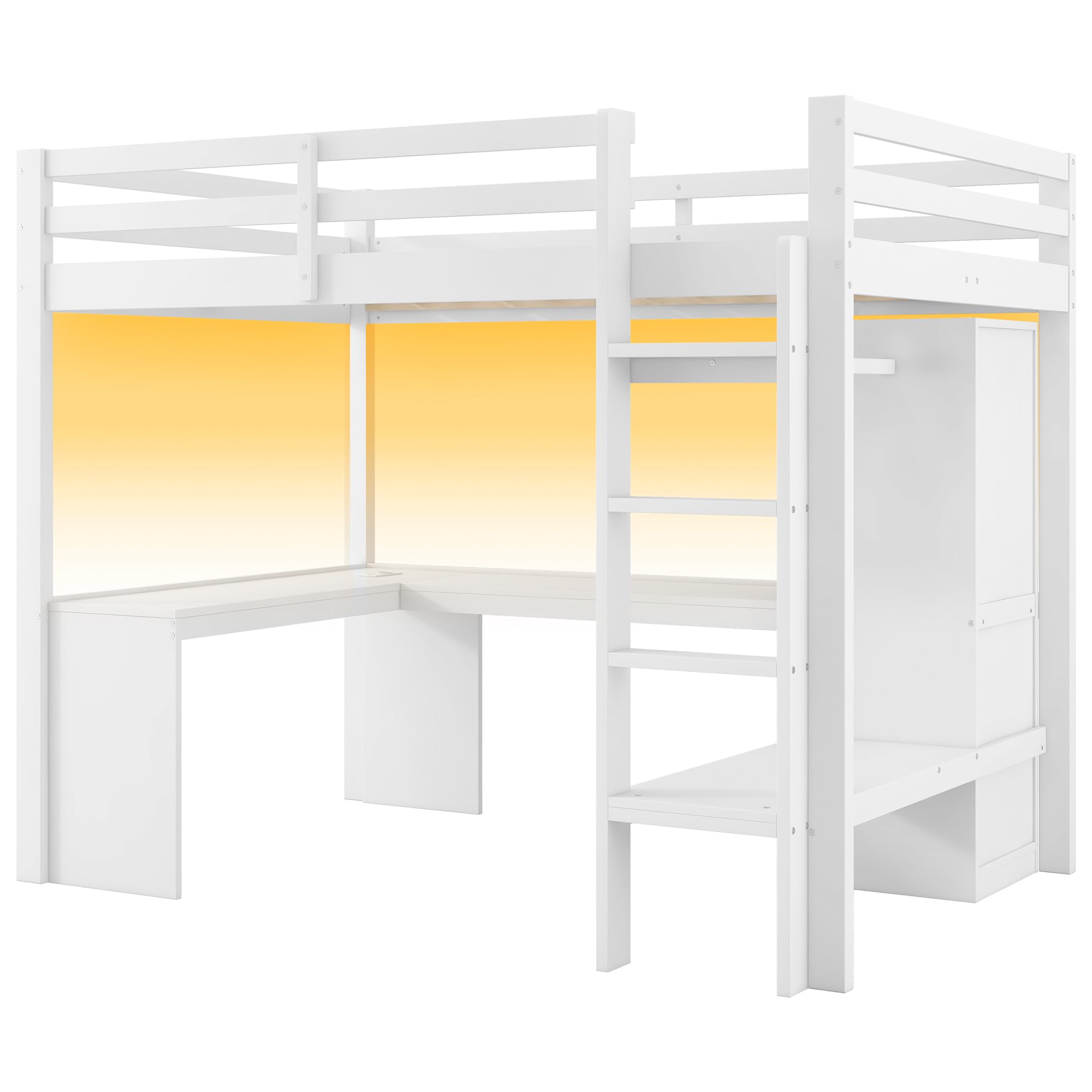 Moimhear Letto a soppalco con mensole multifunzione, scrivania sotto il letto, luce LED e USB, senza materasso, 140 x 200 cm (bianco)