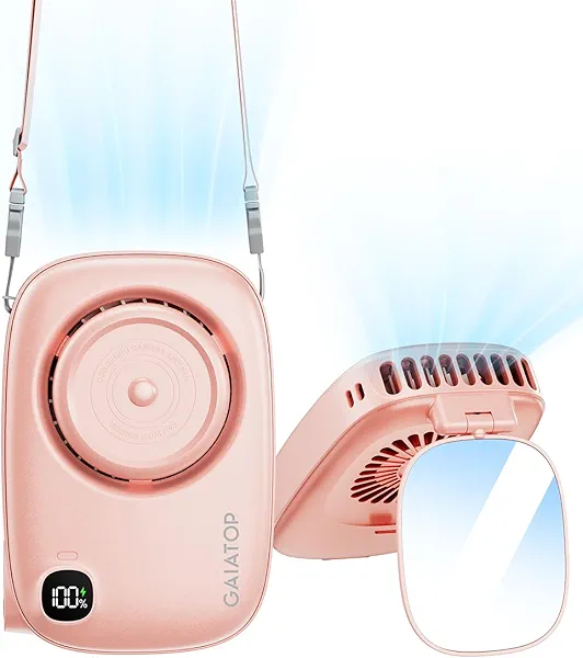 Gaiatop Mini Neck Fan, Rechargeable Handheld Desk Use, LED Power Display 3 Speed 360°Rotate Mirror for Lash Makeup, Cute Camera Design Small Portable USB Fans Personal Cooling Travel Essentials