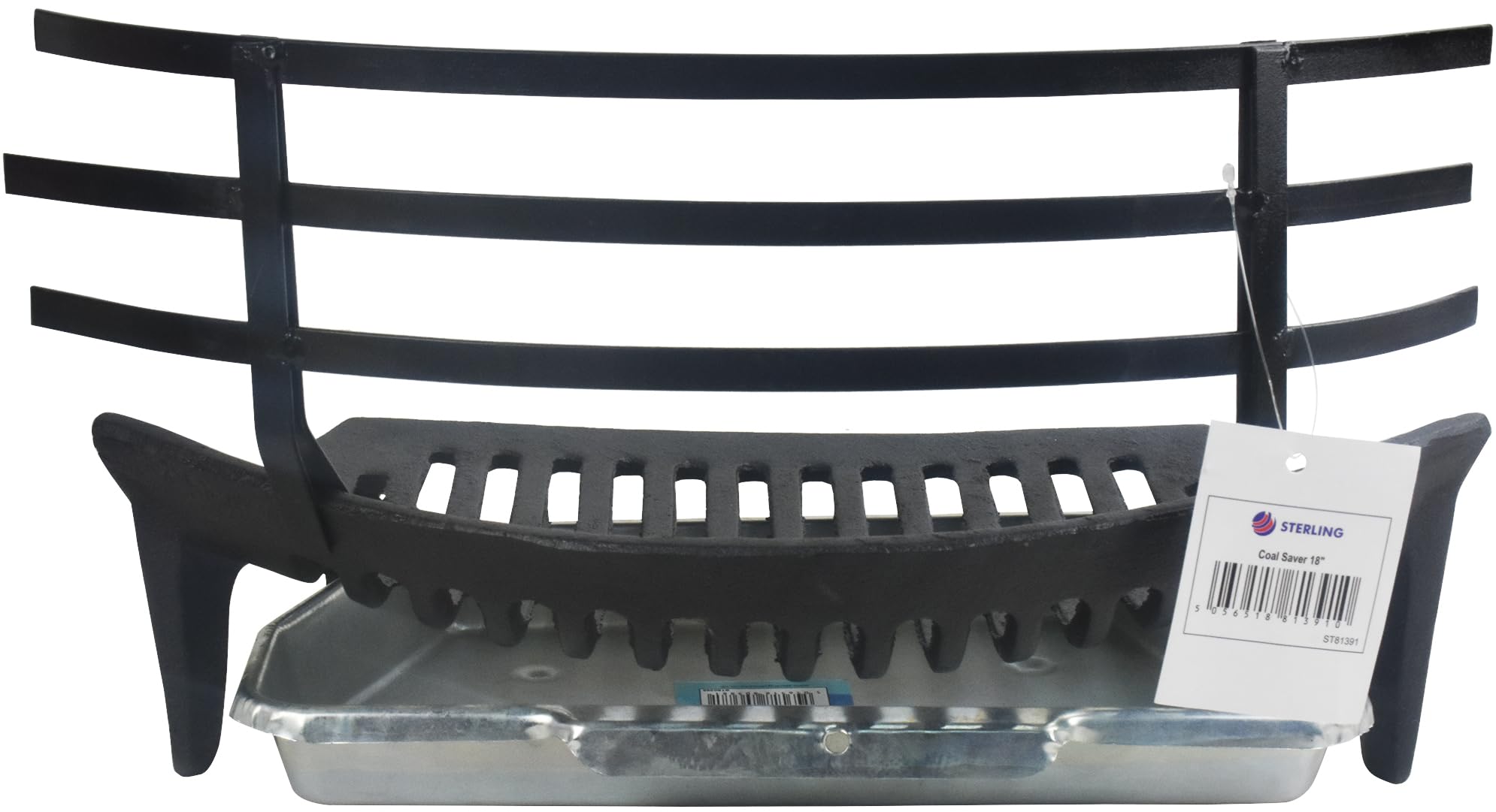 18" Cast Iron Fireside Coal Log Grate with Clip on Coal Saver Galvanised Ash Pan Everyday Use Fireplace Set