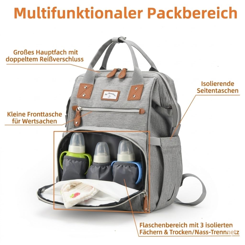 Zaino fasciatoio grande con fasciatoio e borsa termica, borsa fasciatoio alla moda con molto spazio, impermeabile, grande per viaggi e vita quotidiana, fissaggio per passeggino GROWZELT