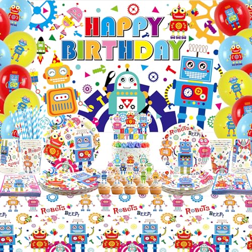 Robots de décoration d'anniversaire, fond Happy Birthday, vaisselle, nappe et ballons, accessoires pour garçons et filles, Baby Shower, servis 20 ans
