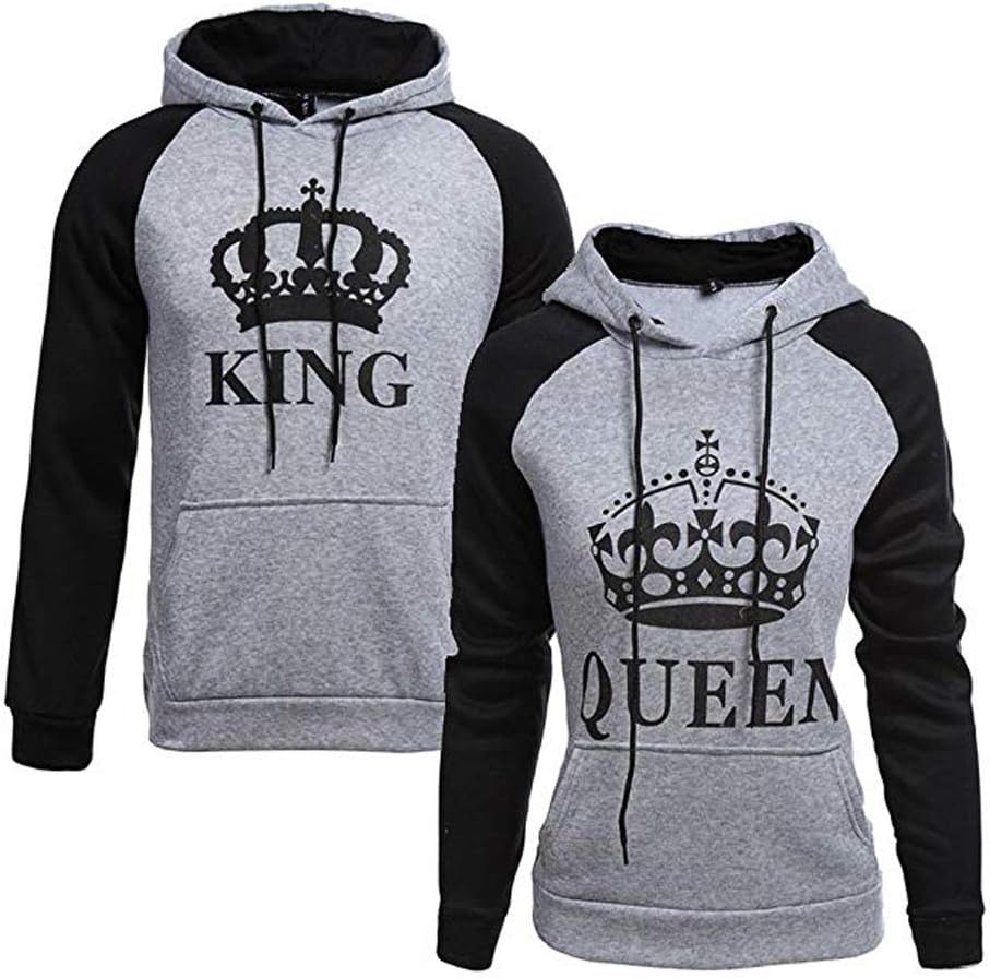 Tomwell Autumnn Fashion Couple King Queen Hoodie Crown Lovers Long Sleeve Pullover Sweatshirts Tops with Pocket