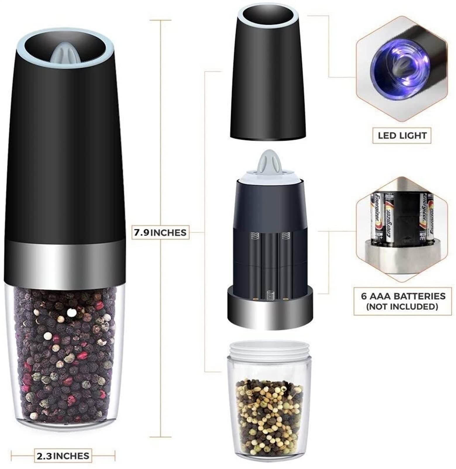 XMING Grinder Pepe in Acciaio Inox Cucina Cucina Nero Pepe Pepe Pepe Pepe Elettrico Fresco Pepe macinato macina Sale