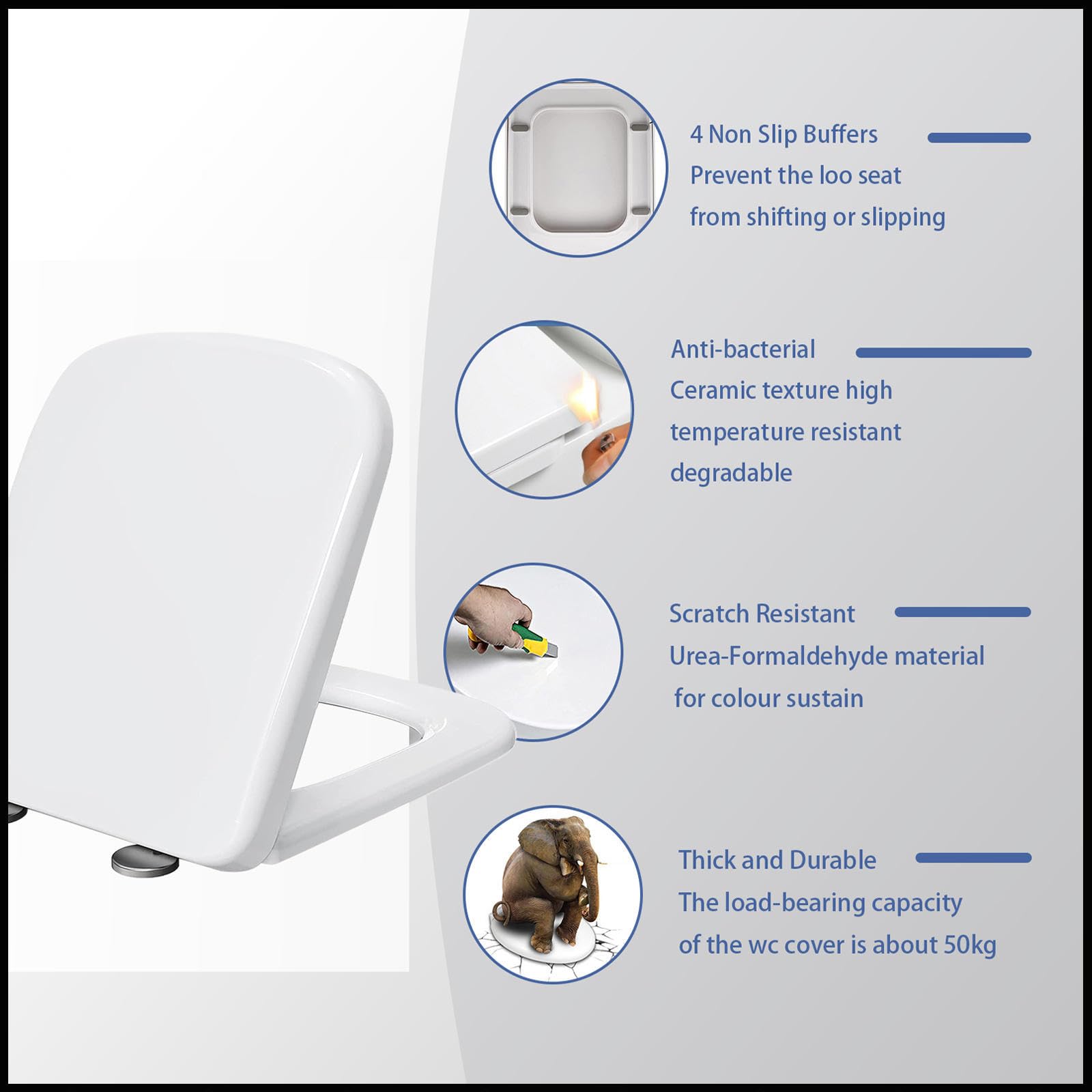 Asiento de inodoro de cierre suave, fácil de ajustar, forma cuadrada, fácil de limpiar, asiento de inodoro de liberación rápida, asiento de inodoro duradero, bisagras ajustables de cierre lento,