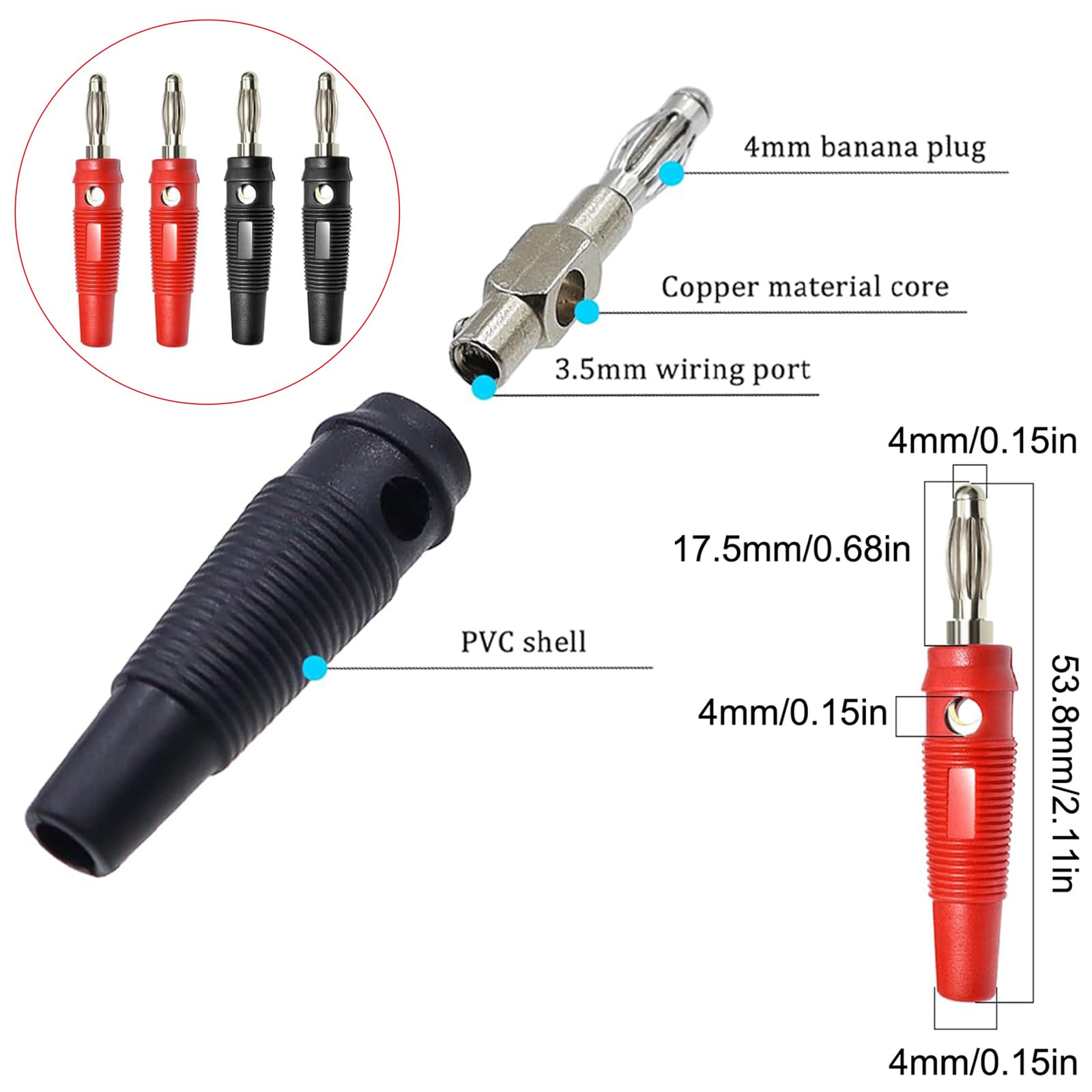 20 sztuk wtyków bananowych, 4 mm, wtyki bananowe premium, wkręcane, pozłacane wtyki bananowe 20 A, niklowane tworzywo sztuczne, do kabli i odbiorników AV HiFi stereo