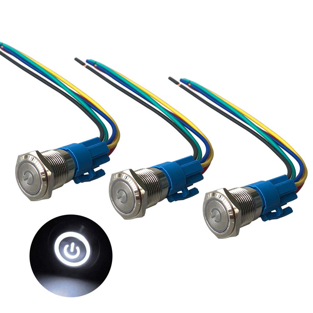 QitinDasen 3Pcs Premium 12V / 24V 5A Interrupteur à Bouton-Poussoir Auto-Bloquant, Commutateur Bouton-Poussoir 16mm, Blanc LED I