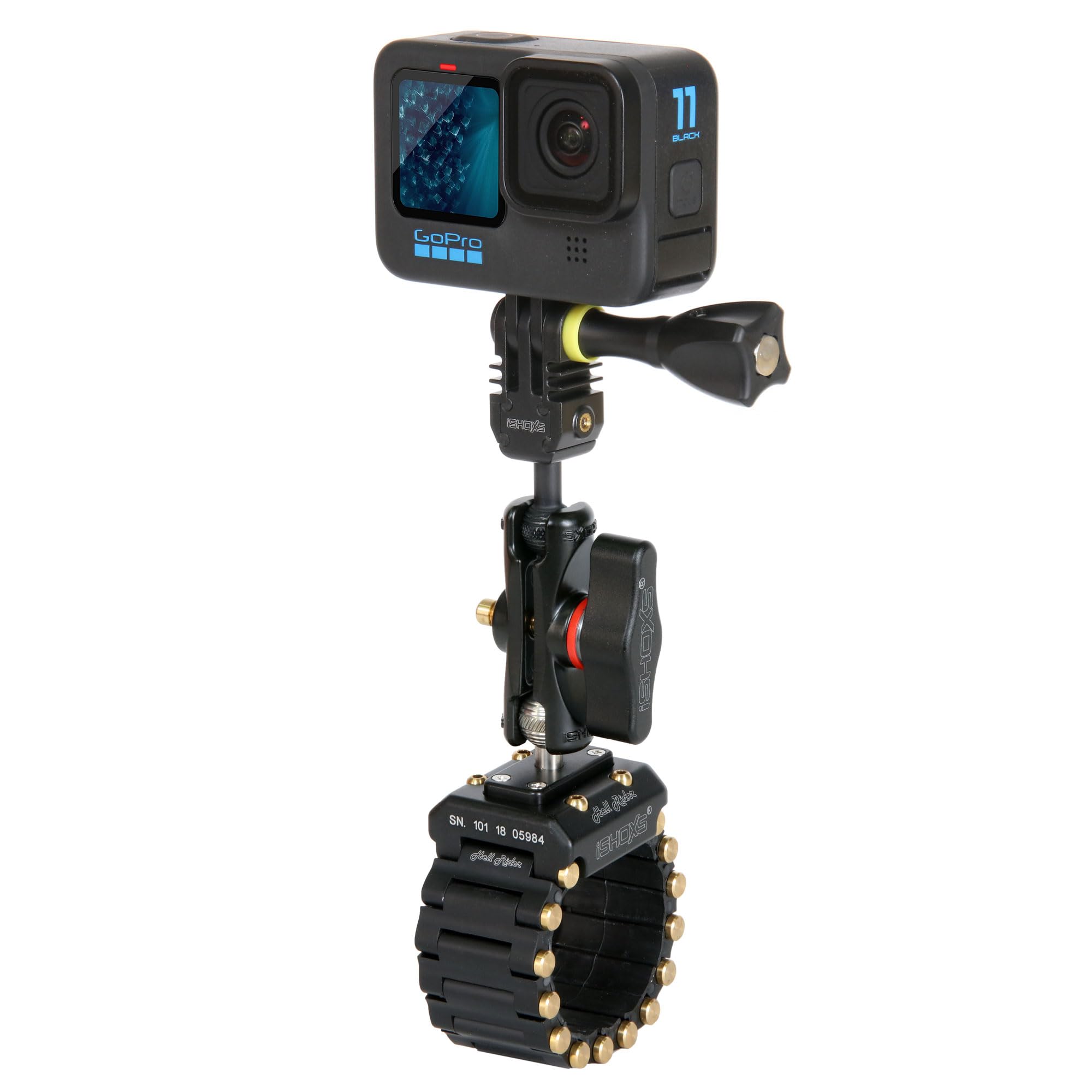 Hell Rider SLS | Soporte Universal para cámara de acción | Pinza moto, bicicleta y e-bike | Compatible GoPro, DJI, Insta, Sony | Perfil 15–42 mm | Accesorio robusto para cámara acción