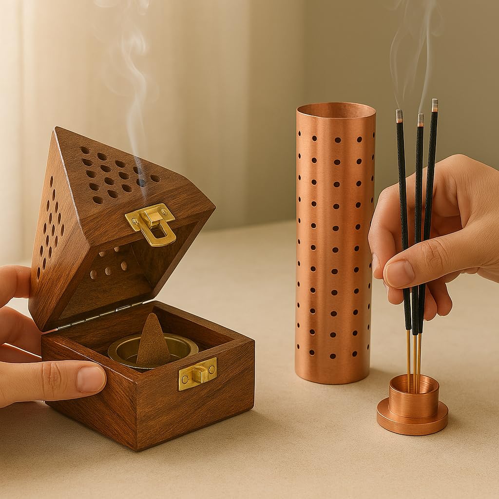 DigiRake Sheesham Wood Dhoop Stand, Stainless Steel, Copper Colour 1
