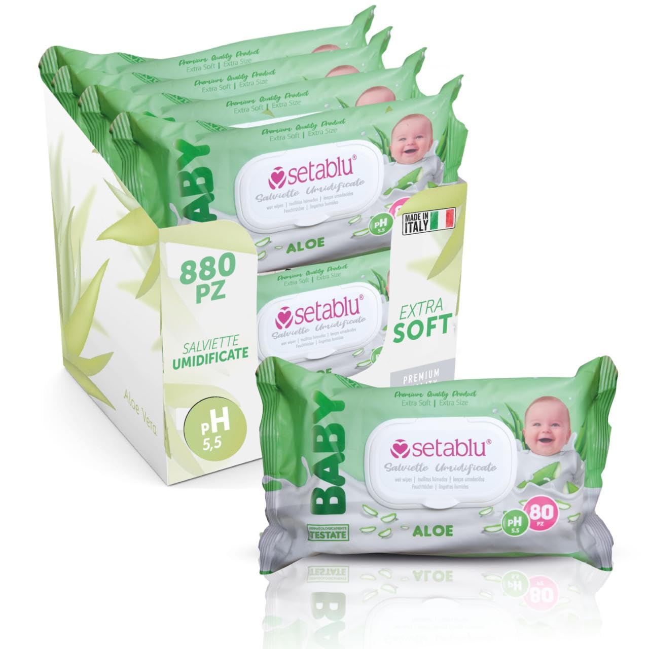 DETERMONDO 880 Salviette Neonato Igienizzanti Umidificate all'Aloe Senza Alcool, 11x80 Confezioni