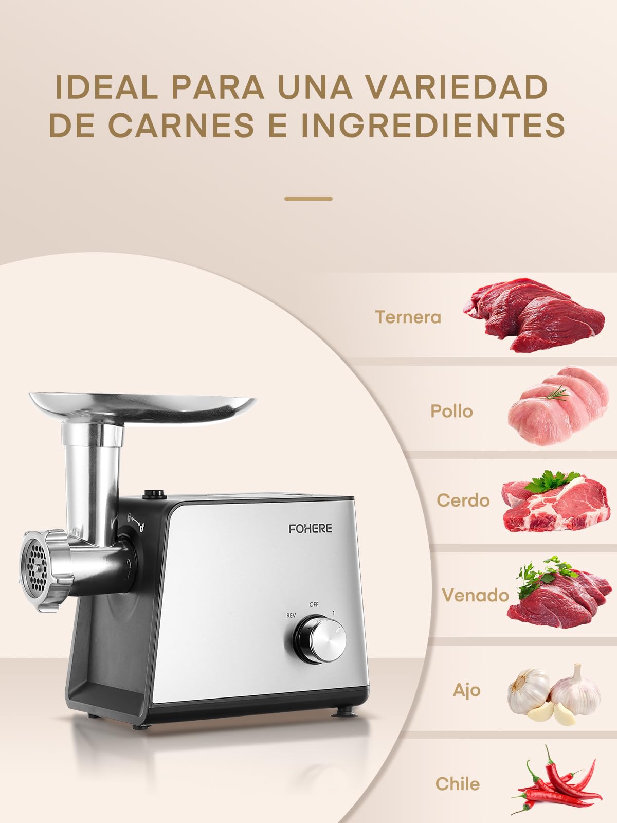 FOHERE Picadora de Carne Eléctrica 3200W Max con 3 Platos y 3 Tubos | Picadora de carne en acero inoxidable con 2 cuchillas y kit Kubbe para hogar y carne de venado