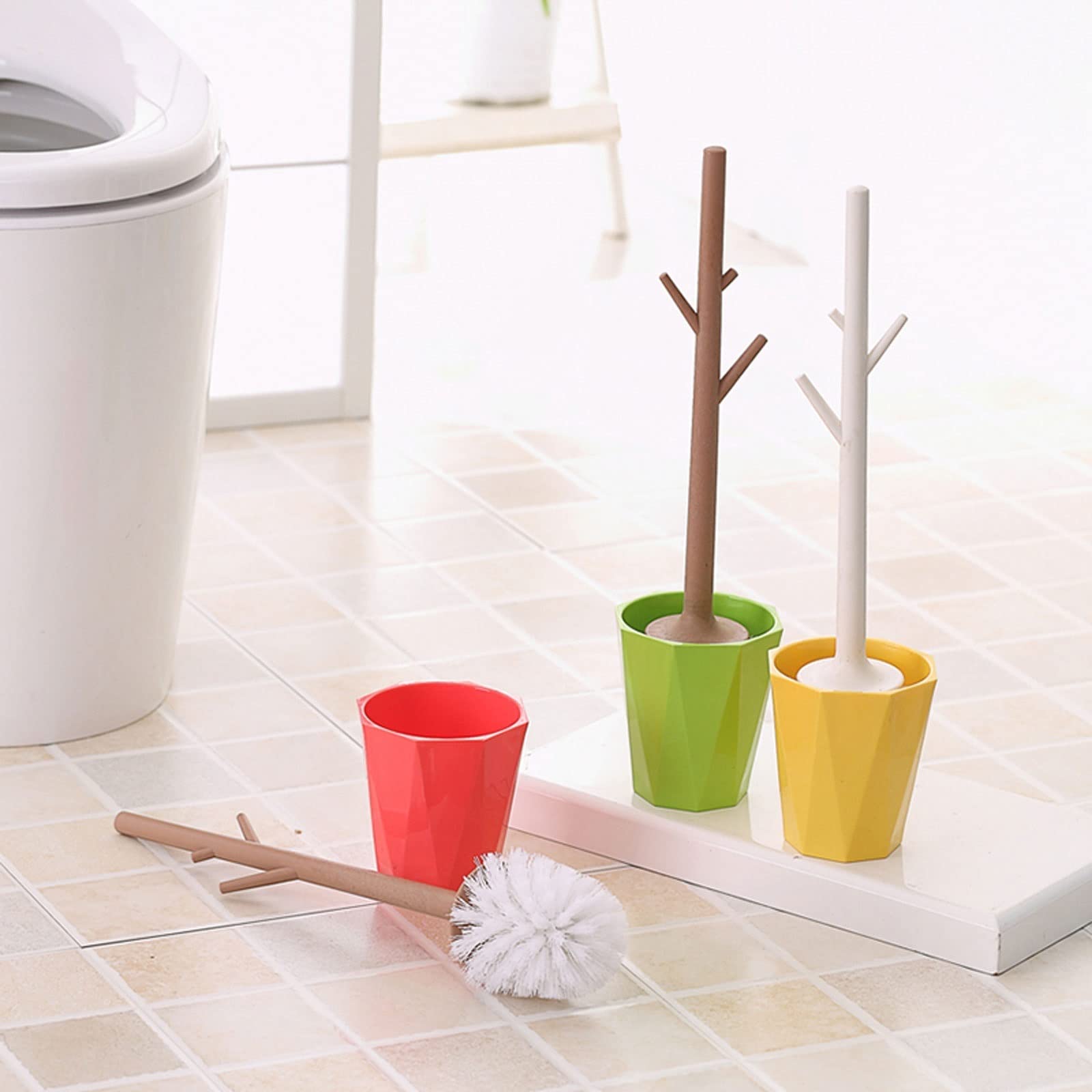 Uchwyt na szczotkę toaletową Szczotka do WC, Kształt gałązki Szczotka do WC Modne Akcesoria Łazienkowe Plastikowy Uchwyt Na Szczoteczkę Do Wc Długi Uchwyt Łatwy do Czyszczenia Zielony Czerwony Żółty U
