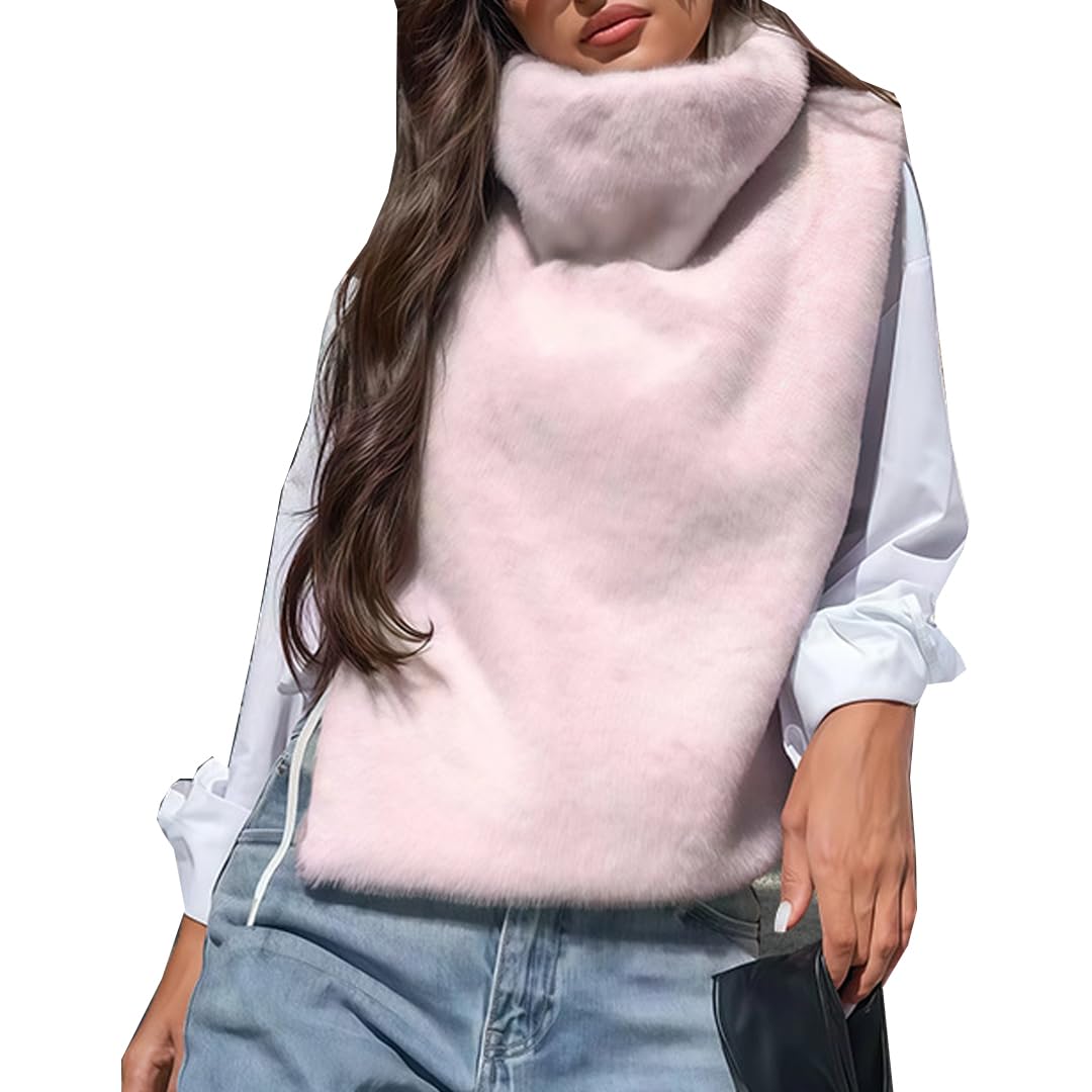 Fur Vest for Women Turtleneck Sleeveless Tie Side Pullover Faux Fur Vest Fur Top Winter Warm Outwear