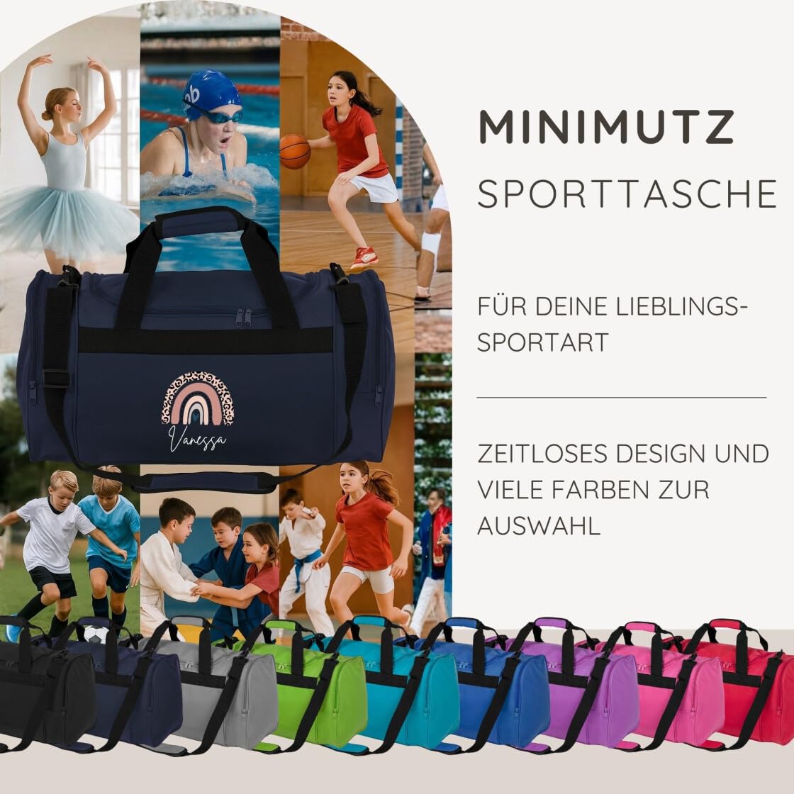 minimutz Kindersporttasche personalisiert Regenbogen, Reisetasche Mädchen groß, Sporttasche Rainbow Leo-Print Kinder mit Name 26L (dunkelblau)