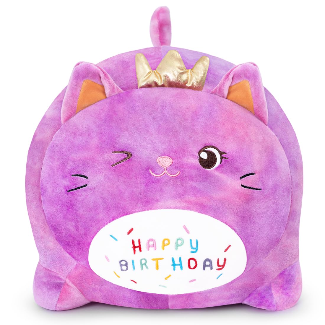 Peluche Gatto Compleanno - Giocattolo Morbido con Scritta 'HAPPY BIRTHDAY', Regalo Personalizzabile per Bambini Adulti (25CM,Viola)