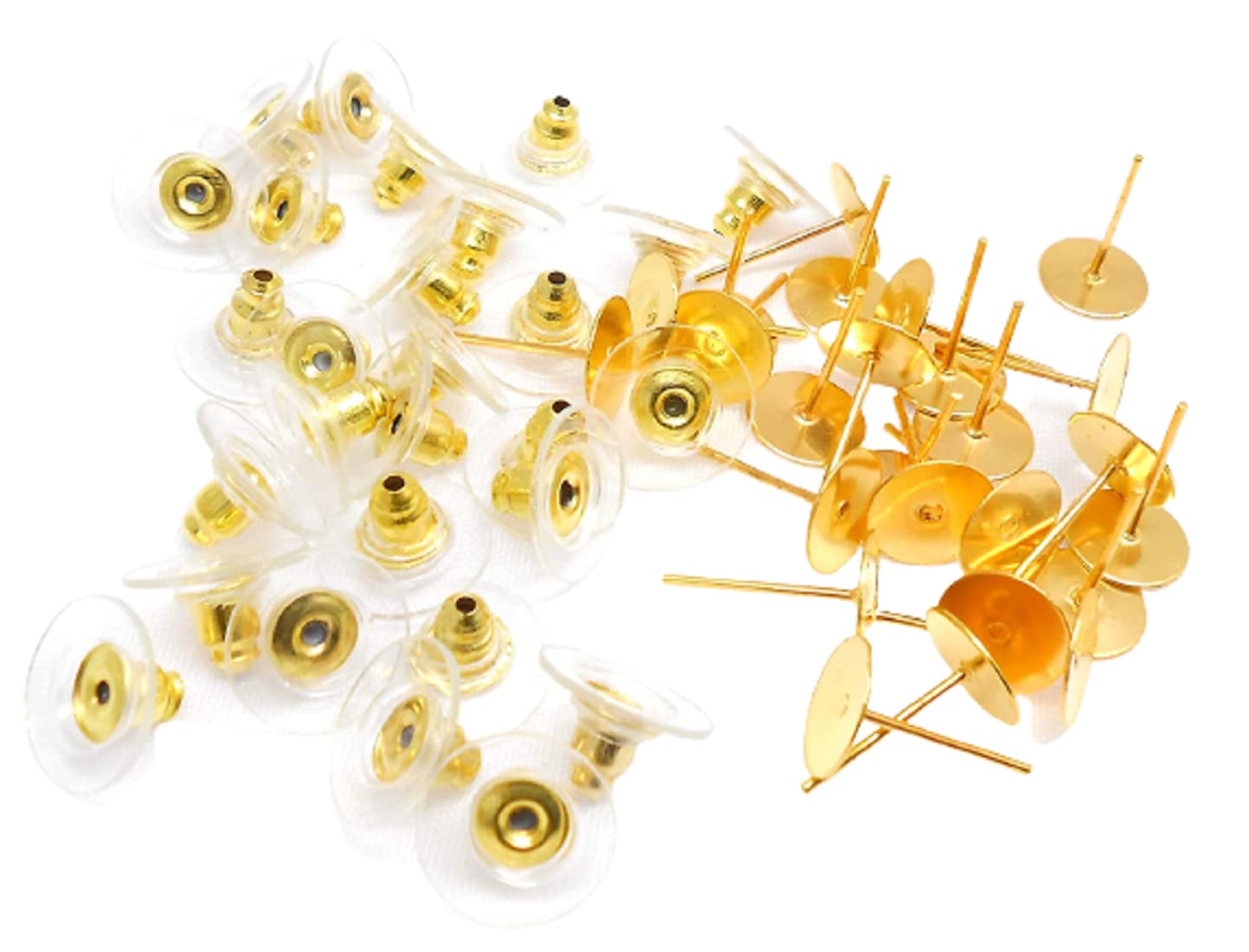 Combo of Bullet Clutch Earring Backs with Silicone Pad and Flat Stud Base for Earring/Jewellery Making (100 Stud+100 Push, Gold)