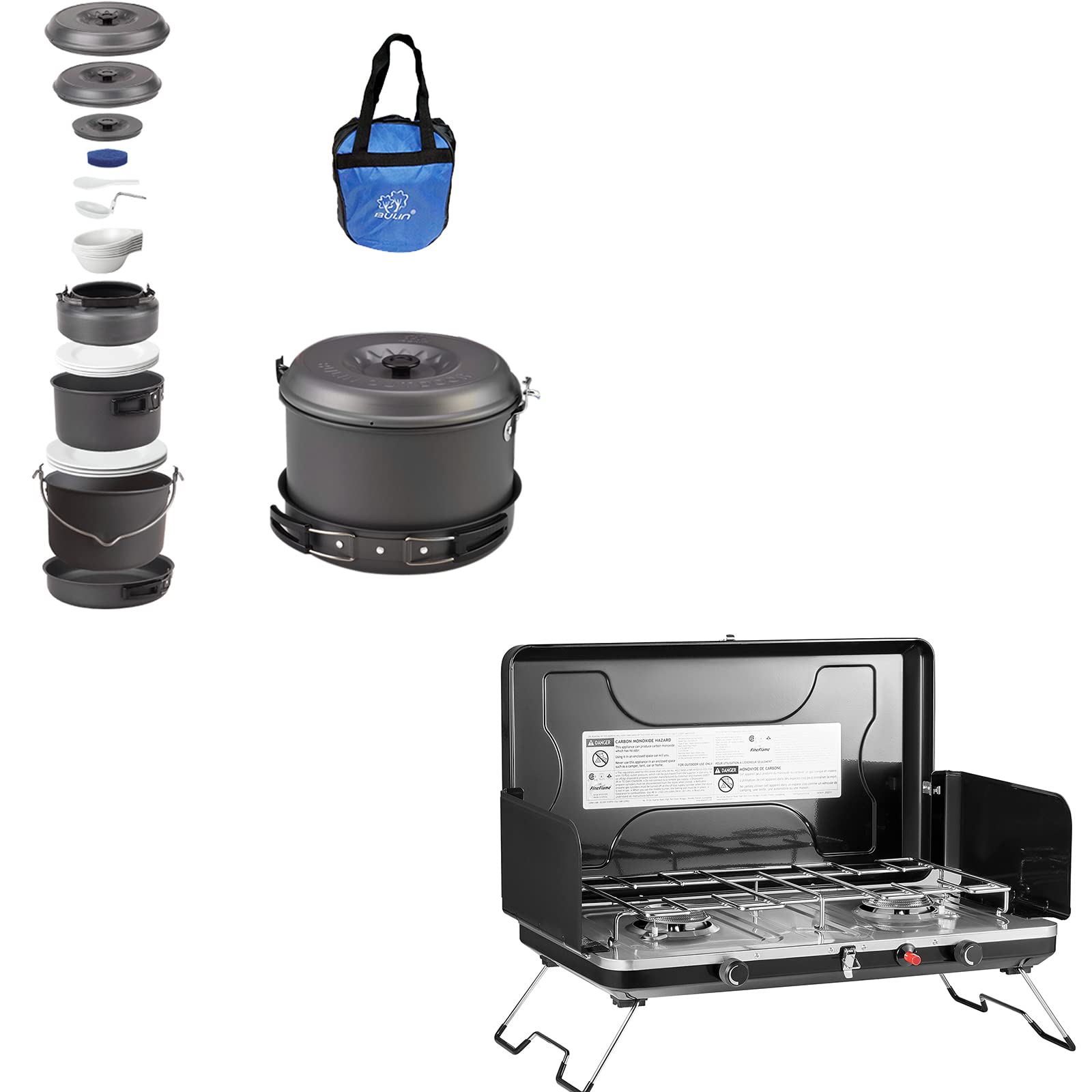 FineFlameCamping Stove 2 Burner with Bulin Camp Cookware Set 24 PCS Camping Cookware
