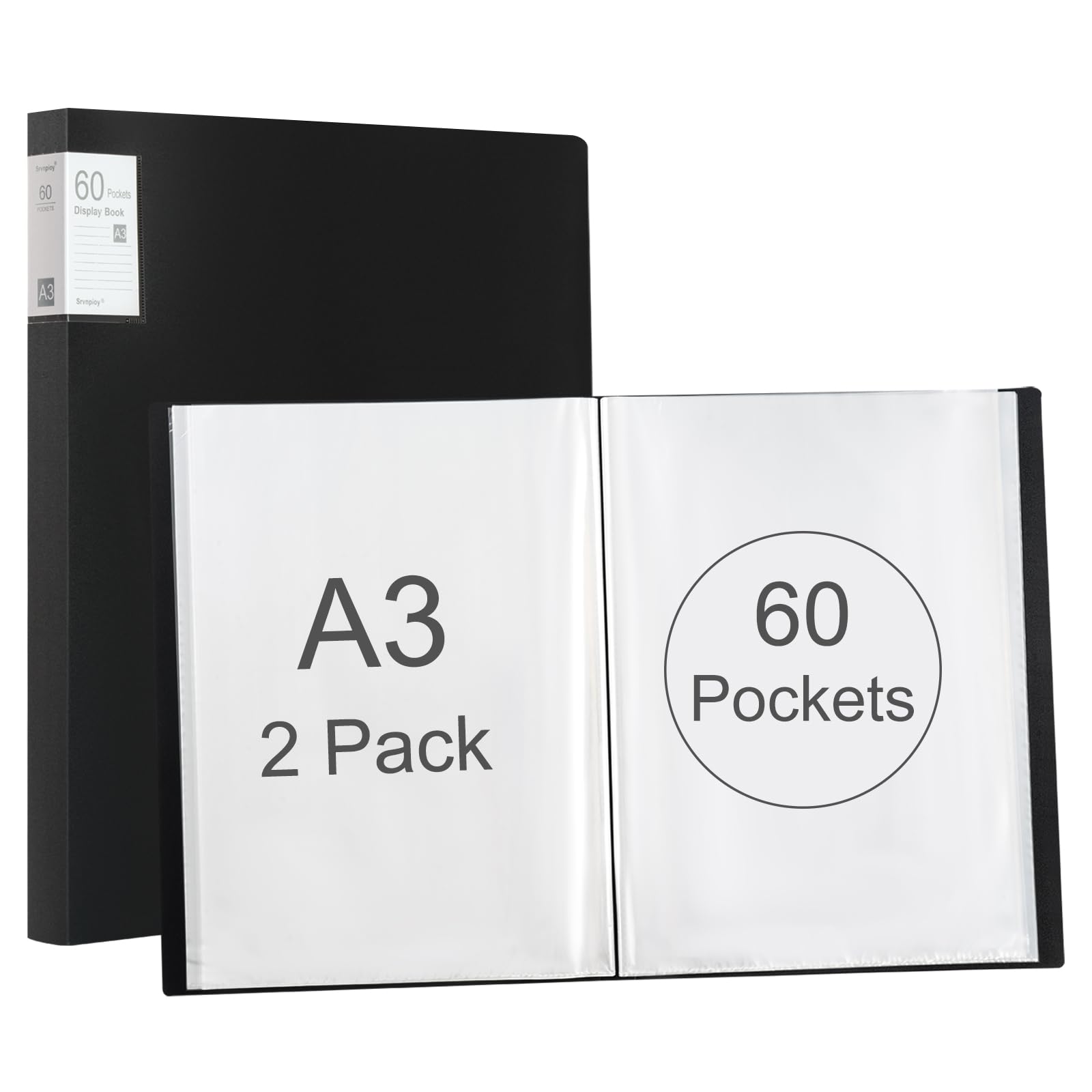 Srvnpioy A3 Display Book 60 Pockets, 2 Pack, 120 Sheet Capacity, Transparent Pockets