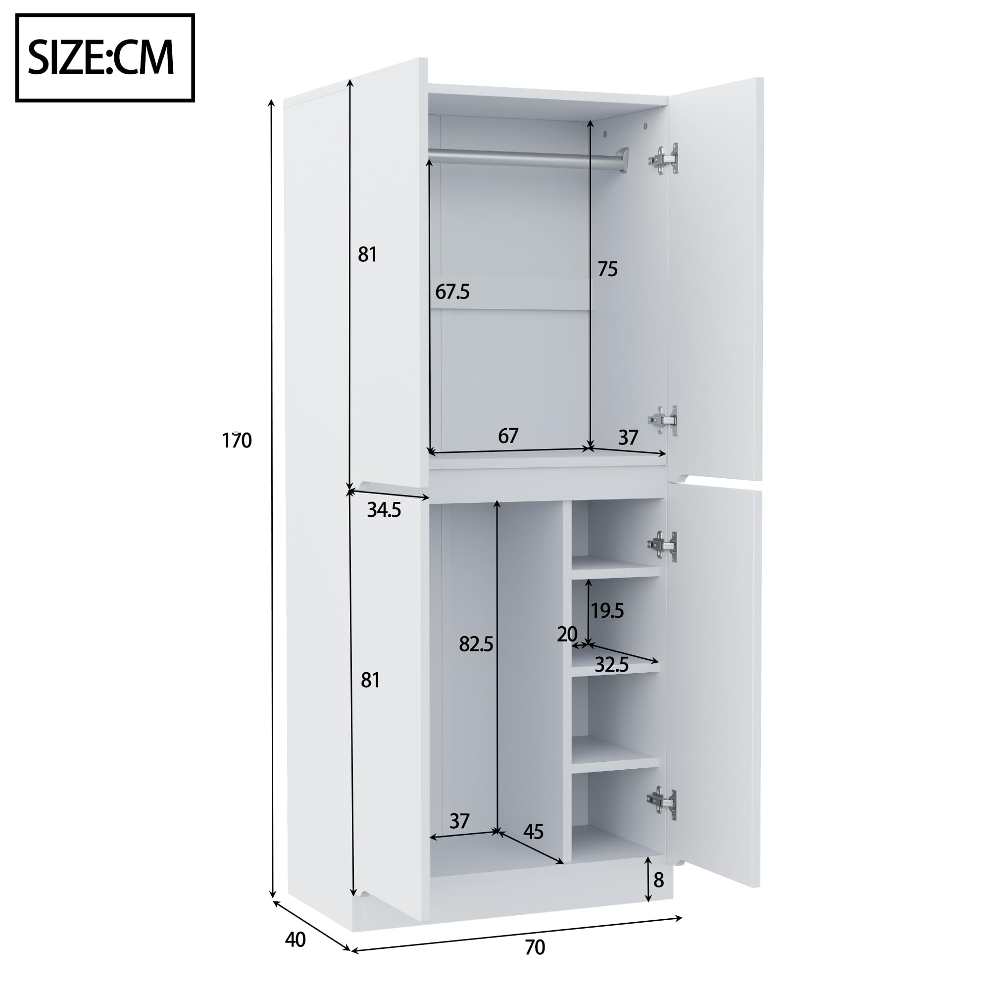 Armadio 70 × 40 × 170 cm, design a doppia porta con piccolo vano portaoggetti, bianco