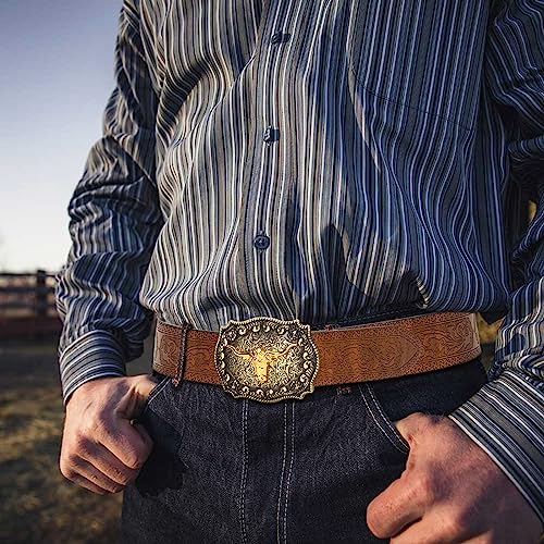 YCMI Western Cowboy Belts for Men Women - Bull Buckle Vintage Floral Engraved Belt for 28" to 40" waist4