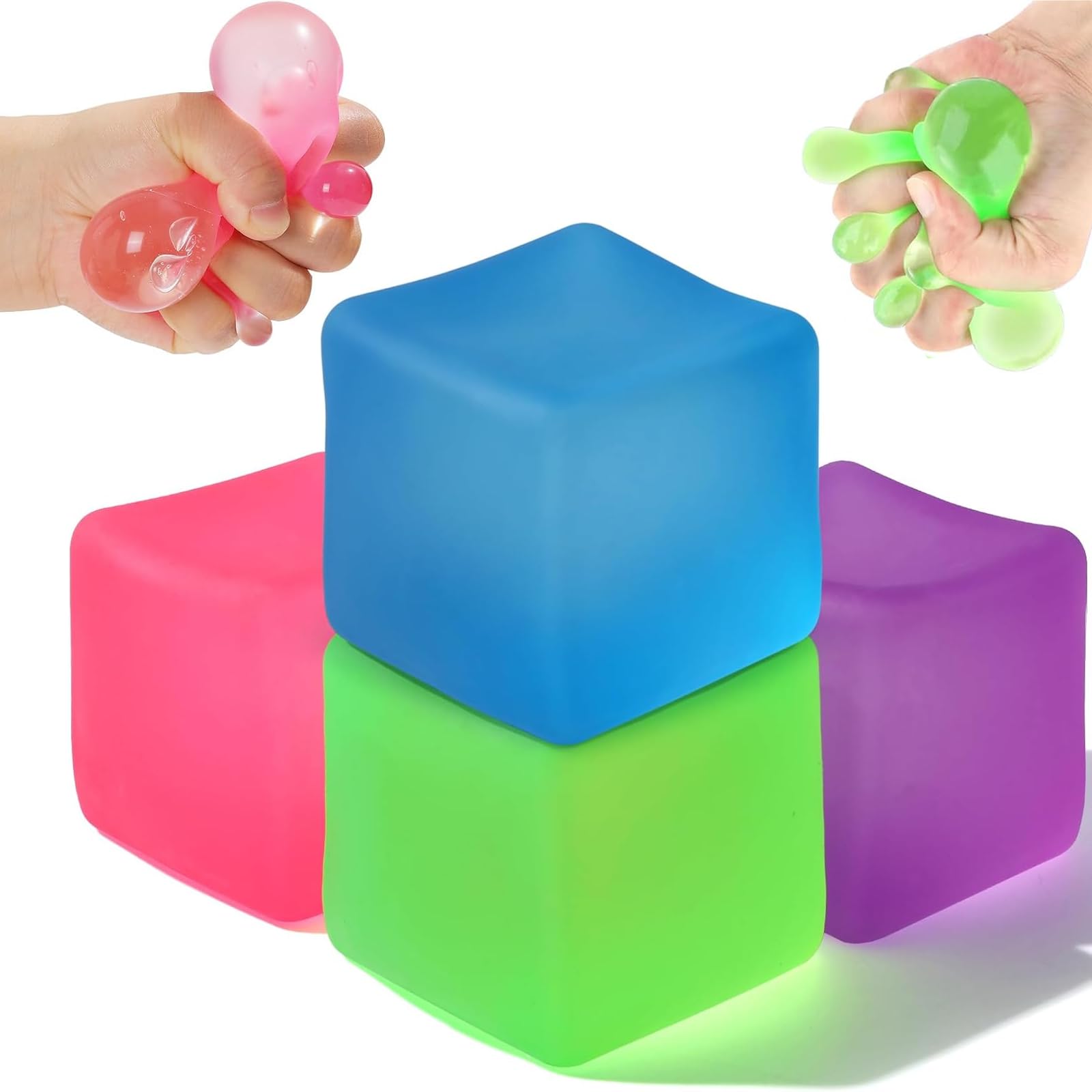 4PCS Cube Stress Balls  Squishy Fidget Toys for Kids & Adults, Sensory Squeeze Cubes for Autism, ADHD, Anxiety Relief, Classroom & Office Calming Toys (B)