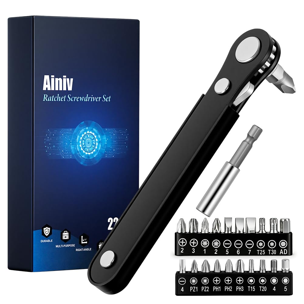 Ainiv 22 Piezas Mini Destornilladores Trinquete, Magnético Ángulo Recto Llave Carraca Pequeña Reversible de 6mm Con 1 Varilla Extensión y 20 Puntas Destornillador, 15 Dientes para Espacios Reducidos
