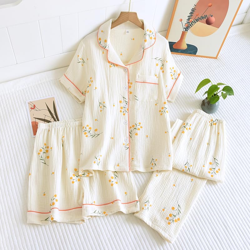 Image of codcm Womens 3pcs Cotton Pajamas Set Short Sleeve Sleepwear Fruit Print Cute Pj Set with Long Pants