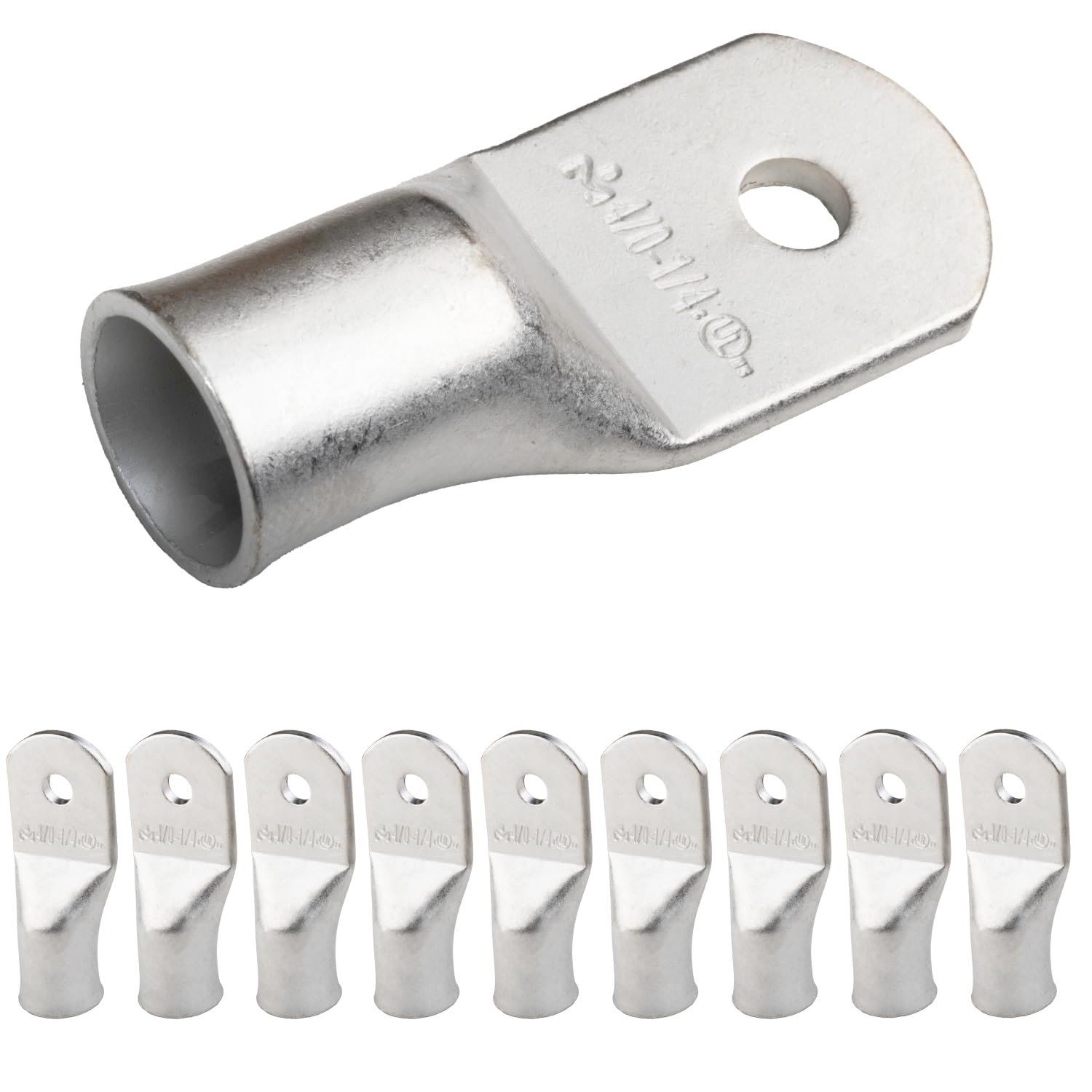 SELTERM 4/0 AWG (95 mm²) - 1/4" (M6) ⌀ Hole UL Marine Grade Wire Lugs, Battery Cable Ends, Tinned Copper Eyelets, Tubular Ring Terminal Connectors [B92-1/4] - 10 Pack — image 1