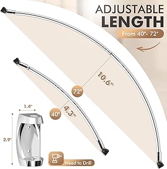 Bonpally Curved Shower Curtain Rod for Bathroom, 40-72 Inches Adjustable Curved Shower Rod, 0.9MM Rustproof Shower Curtain Rod with Rotating Brackets for Extra Shower Space, Need to Drill, Chrome