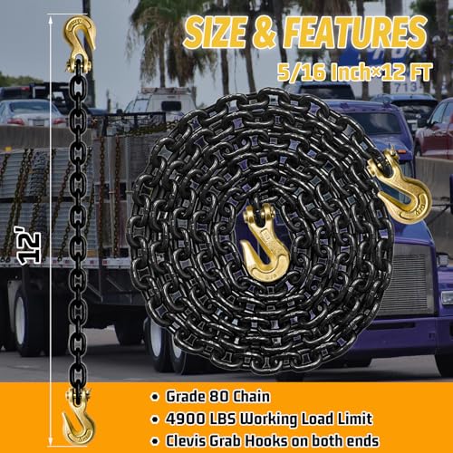 Image of 5 /16 inch Tow Chain, 12 Ft G80 Transport Binder Chain with 4900 Lbs Safety Load,Trailer Safety Chains with G70 Clevis Grab Hooks for Transporting Towing&Logging,Tie Down Binding