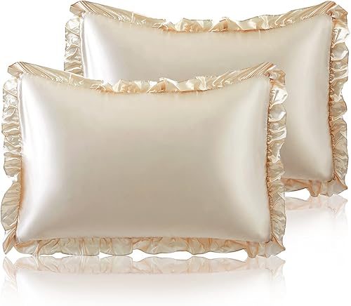 SiinvdaBZX Juego de 2 fundas de almohada de satén con volantes fundas de almohada color beige tamaño estándar fundas de almohada Shabby Chic con