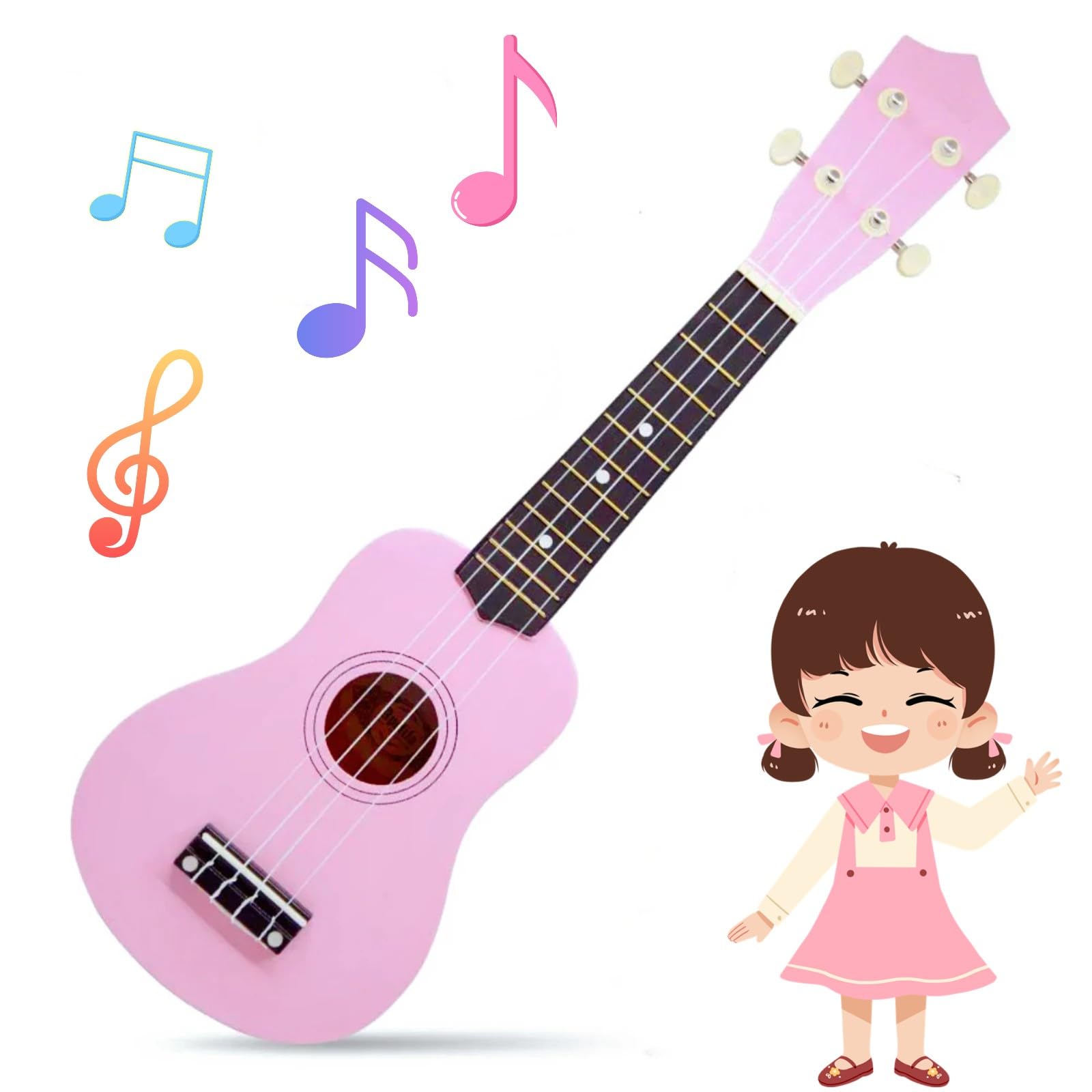 Kids Child Children Wooden Acoustic Guitar Ukulele 21 Inch 4 String Musical Instruments Perfect For Beginner (Pink)