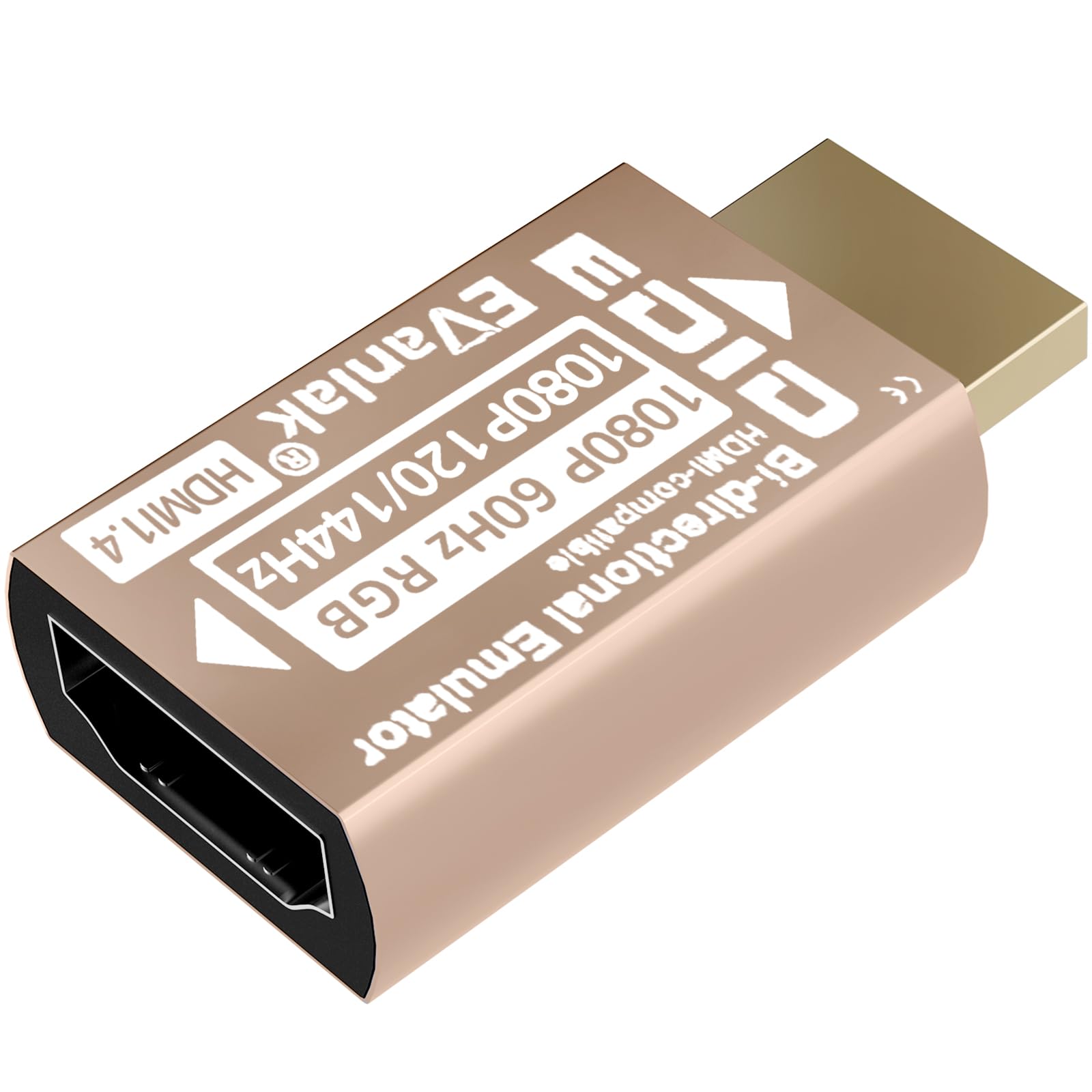 EVanlak HDMI EDID Emulator Adapter Dummy Plug, Virtual Display Headless Ghost HDMI Passthrough 1920x1080@60Hz to 144Hz, Bi-Directional Design, Supports VRR &amp; 8CH Audio,Gold -1P