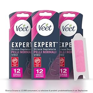 Veet Expert strisce depilatorie Pelli Normali, Per Viso, Dermatologicamente testate, Confezione da 36 con 6 salviette Post Epilazione