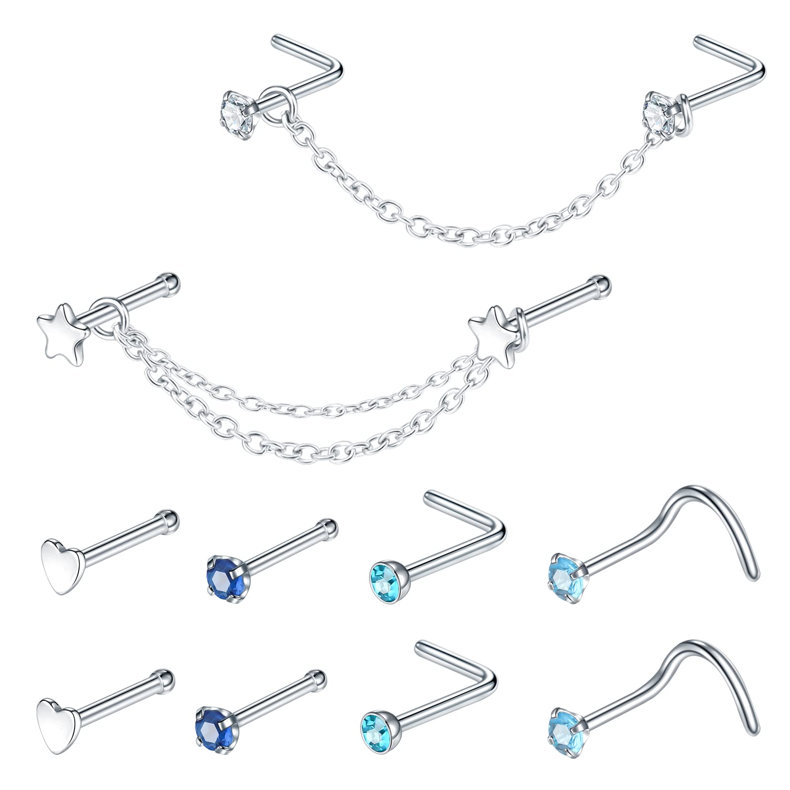 20G Nose Studs with Chain CZ Nose Screw Ring Nose Chain for Double Nose Piercing