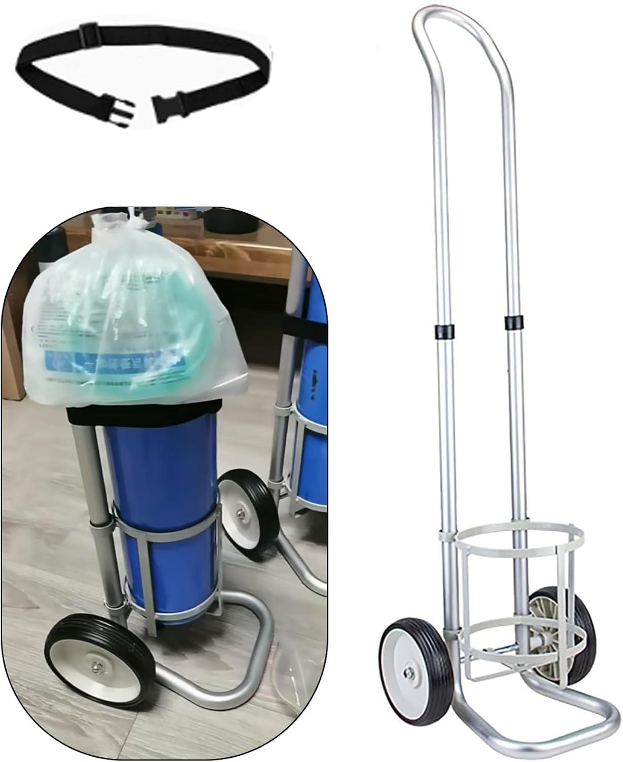 Rolling Oxygen Tank Holder Cart with 2 Wheels, Handle & Safety Belt - Portable Oxygen Cylinder Trolley & Storage Rack for Home Use, Fits 23.5cm Gas Bottles