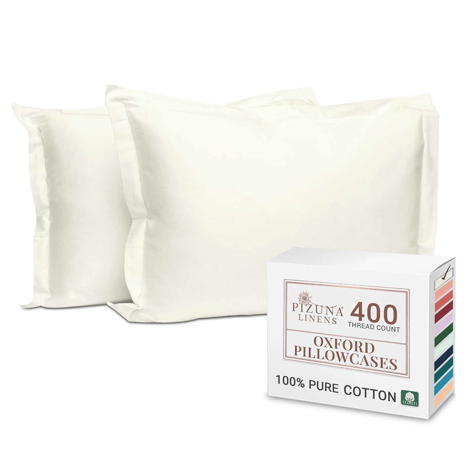 Pizuna 100% Cotton Standard Pillowcases 2 Pack White 50x75cm, 400 Thread Count Long Staple Combed Cotton Soft Pillow Cover, Sateen Weave Oxford Pillow Cases (Cooling Pillowcase 2PC) — view 7