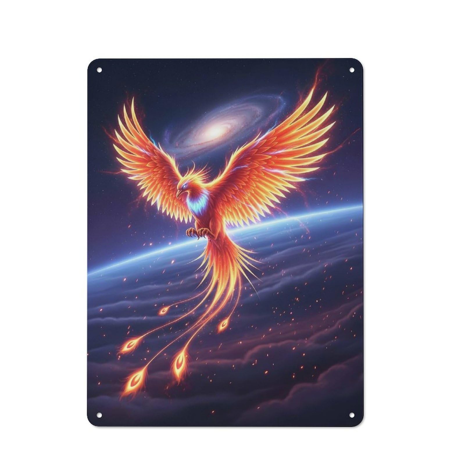 Junmoney Style-14 Tin Wall Plaque 40X30cm With Fiery Phoenix Rising In Space For Garage Wall, For People Furnishing A Garage, For Retro Home Interiors