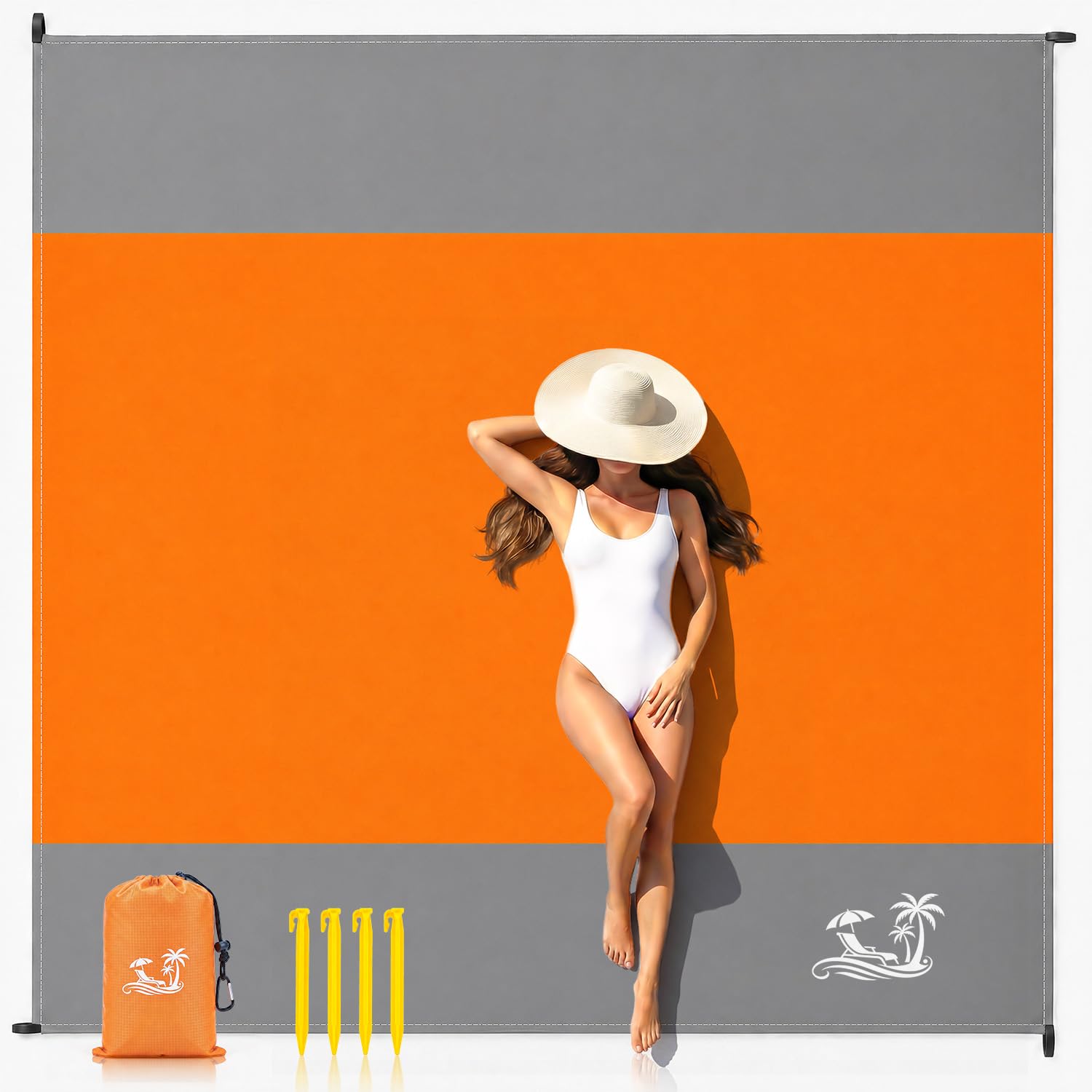 Solnery Large Beach Blanket Waterproof Sandproof, Beach Mats Sand Free, Windproof Outdoor Mat, Portable, 4 Stakes, 210 x 200 cm, Fits 1–6 People, for Seaside, Picnic & Camping (Sunset Orange)