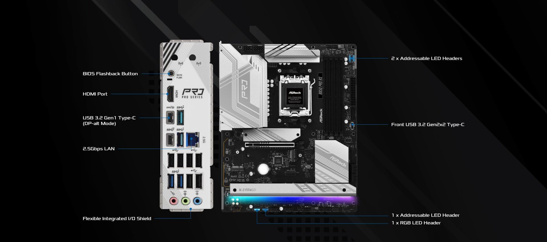 ASRock AMD AM5 B850 Pro RS - Mainboard, AMD Ryzen 9000/8000/7000 Series, 4X DDR5-Slots bis 8000MHz, 24-Pin Stromanschluss, ATX, 21x USB-Ports, PCIe 5.0