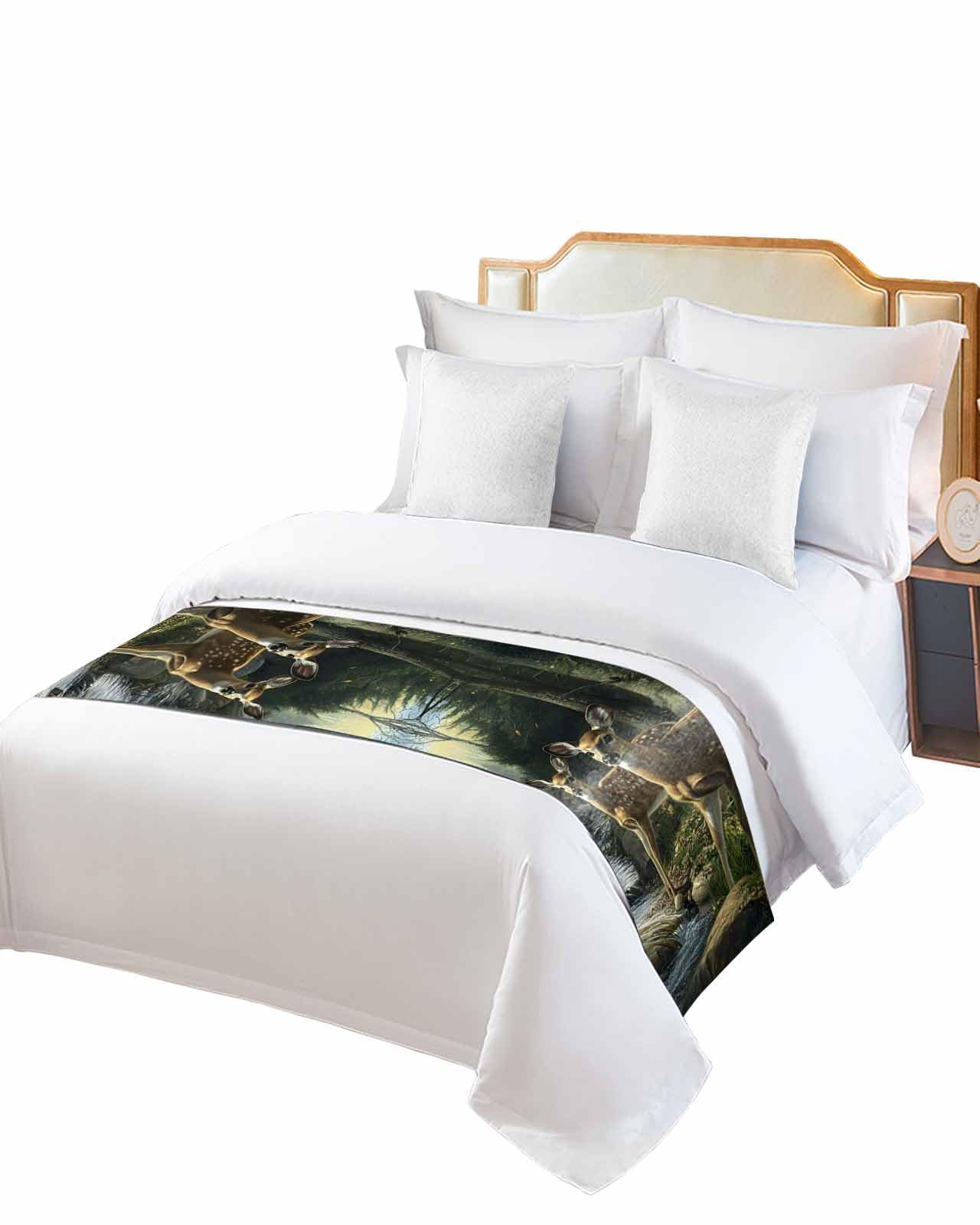 Forest Deer Bed Runner for Twin Size, Farmhouse Elk River Bedspread Protector Slipcover Bed Scarf for Foot Runners & Scarves for Bedroom Hotel Wedding Room 71x20 Inches