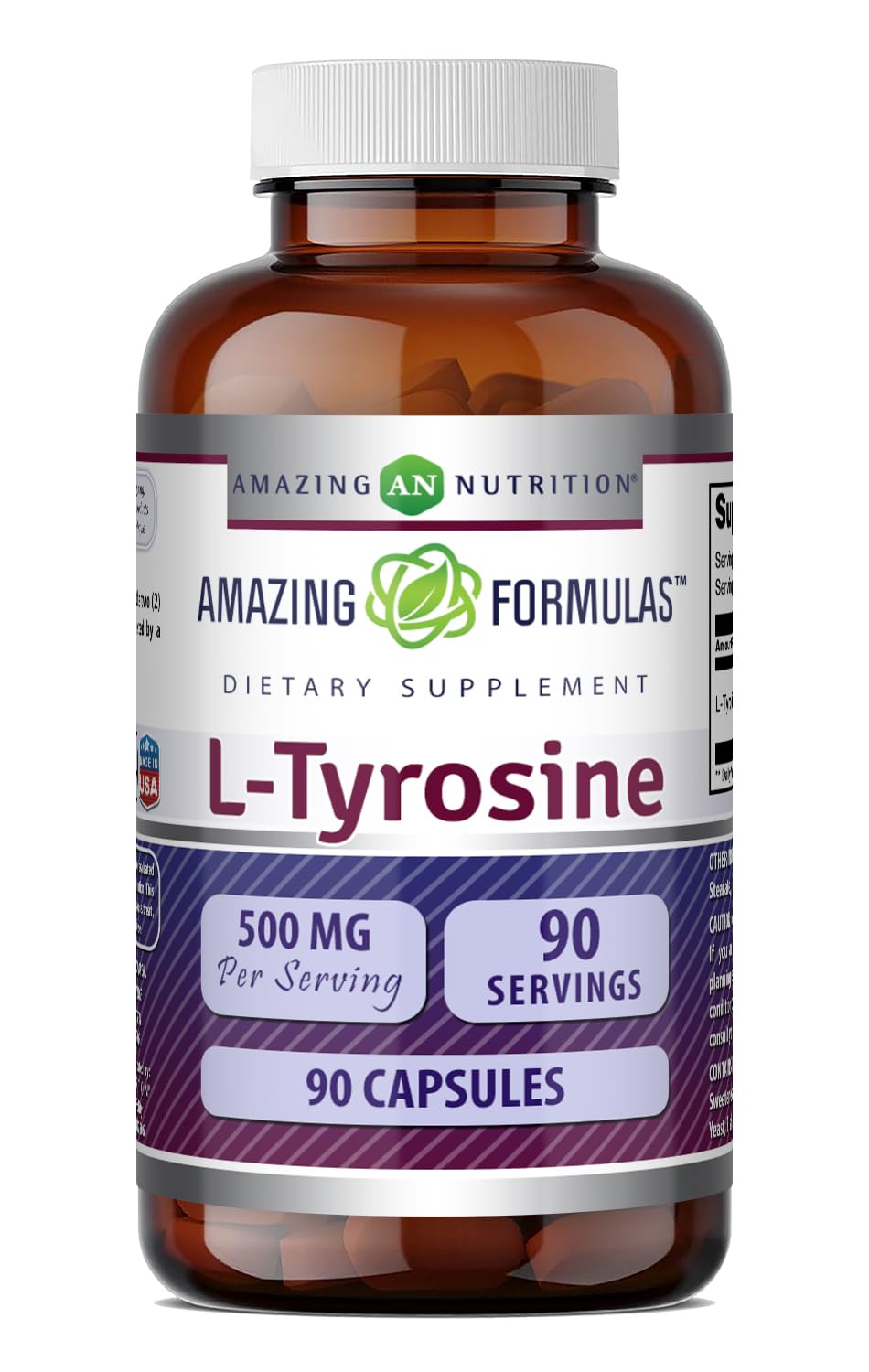 Amazing Nutrition Formulas L-Tyrosine 500 Mg | 90 Capsules | Amino Acid Supplement | Non-GMO | Gluten Free | Made in USA Unflavored | 90 Count
