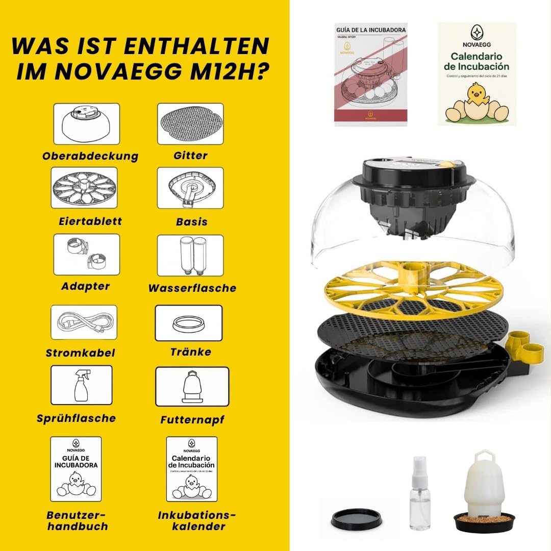 BRUTAUTOMAT AUTOMATISCH für alle Geflügelarten|12-16 Eier|Brutmaschine mit automatischer Temperatur- und Feuchtigkeitskontrolle|Inklusive Kalender,Futterspender und Tränke|Batteriefrei,35W Netzbetrieb