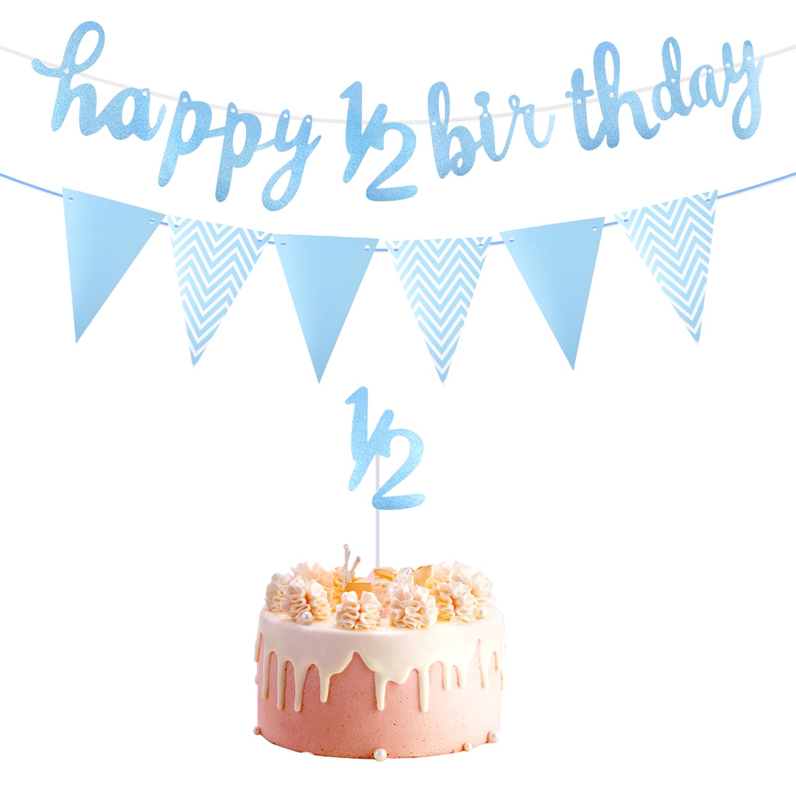 Happy 6 Months Birthday Banner - Glitter 1/2 Half Year Cake Topper, Triangle Flag Banner, Decorations for Baby Shower Party, Light Blue