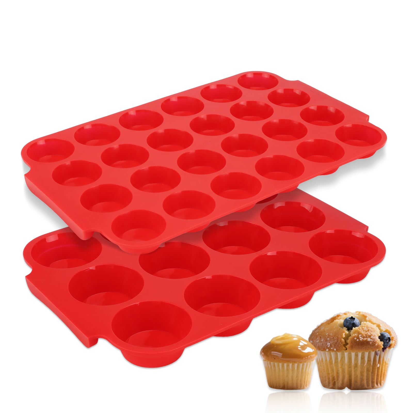 Jalopink Confezione da 2 teglie per muffin in silicone per la cottura, standard e mini, con manico, certificate per uso alimentare, antiaderente, inodore, senza BPA, stampo in silicone per muffin