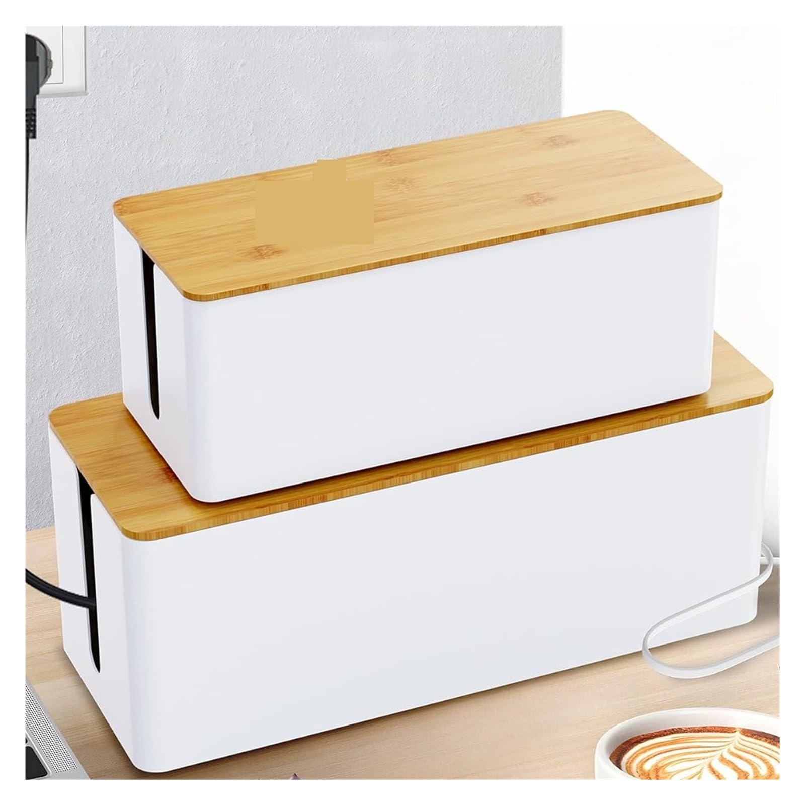 HIZON Caja de Almacenamiento de Cables, Caja de regleta de alimentación de Madera, Organizador de gestión de Cables, contenedor de Almacenamiento de Enchufe de Cargador(L-40.5x15.7x13.6cm)