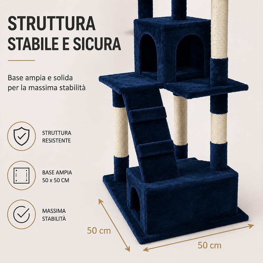 Bakaji Rascador para Gatos Árbol para Gatos Sisal Parque Giochi Caseta Gato Tira arañazos uñas Alto 170 cm, Torre de Escalada para Gatos Estable de Varios Niveles (Azul)