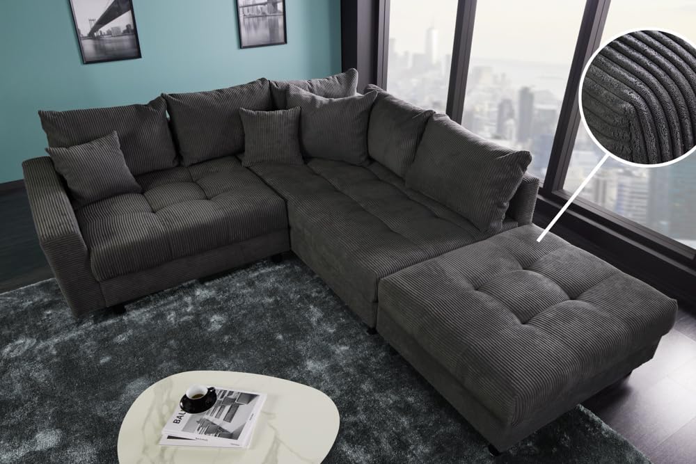 Wohnlandschaft KENT - 220cm - dunkelgrau - Cord - Federkern inkl. Hocker