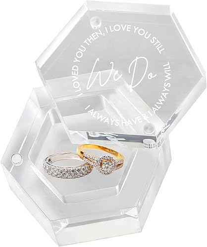 Cajas grabadas para anillos de boda para ceremonia, caja de acrílico para compromiso de propuesta de boda (Hexágono D)